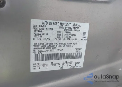 1999 Mercury Mountaineer from USA, damaged, VIN 4M2ZU54E5XUJ25507